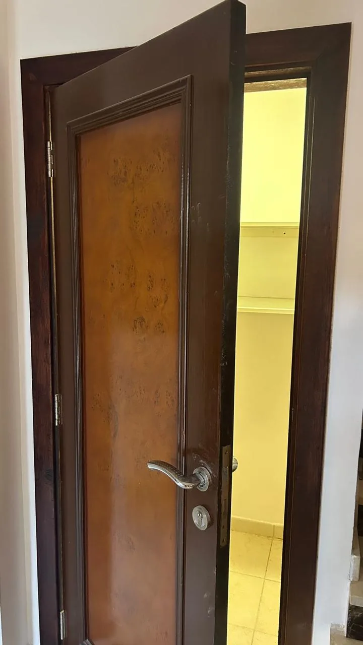 Wooden door with a burl-style panel and a chrome lever handle