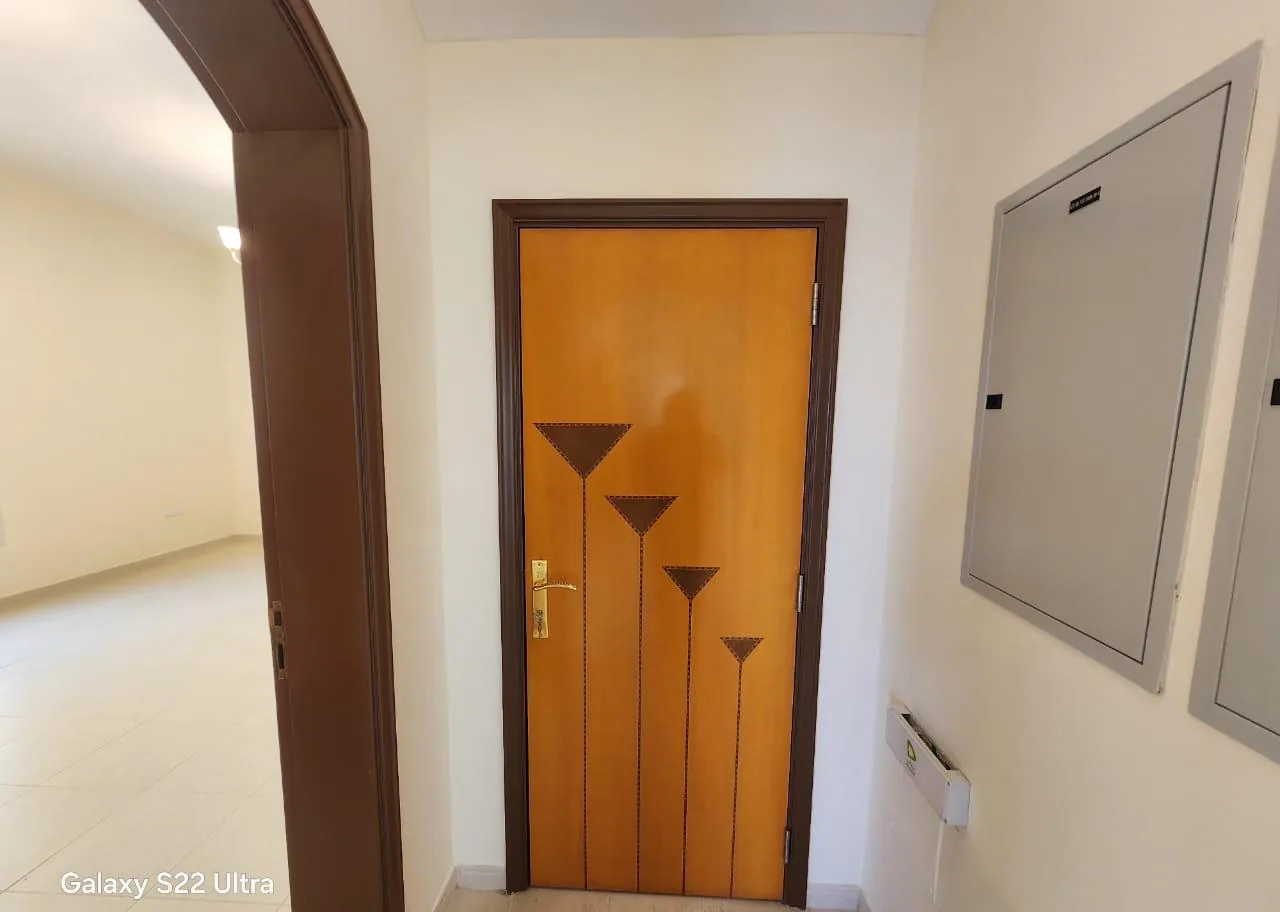 Wooden door with a tapered inlay design in a dark brown frame