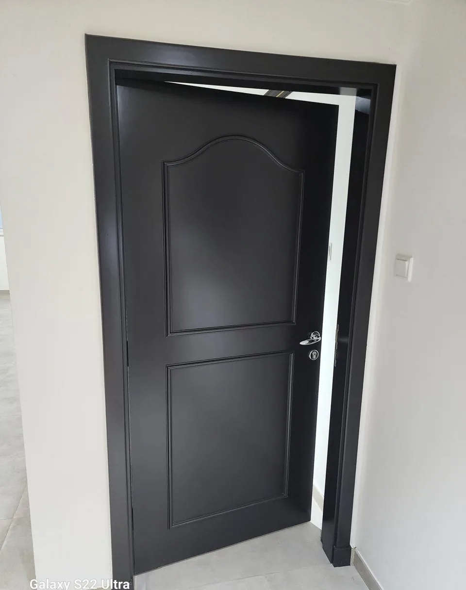 Black painted panel door and door frame in a bright room